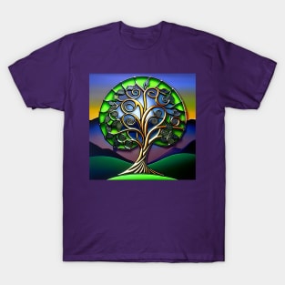 Celtic Stained Glass Tree of Life at Sunset T-Shirt